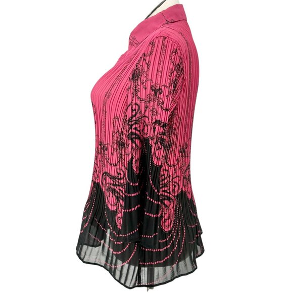 Lane Bryant Womens 18/20W Blouse Dark Pink Black Sheer Button-Down 3/4 Sleeves - Picture 5 of 8